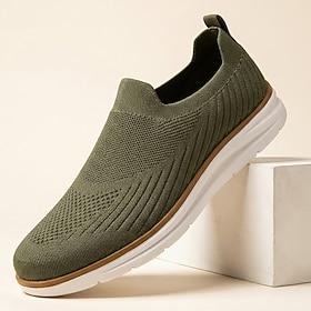 Men's Olive Knit Slip-On Sneakers Lightweight Breathable Comfort Walking Shoes Casual Low Top Footwear for Daily Wear, Travel, Commuting and Weekend Outings