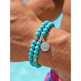 Men's Boho Turquoise Bracelet Set - 2-Piece Tree of Life Charm Beaded Wristbands, Ethnic Alloy  Natural Stone Stackable Jewelry for Travel Vacation  Daily Casu