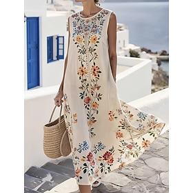 Women's Maxi Dress Sundress A Line Dress Vacation Casual Boho Beach Going out Standard Fit Floral Graphic Tribal Sleeveless Crewneck Blue Purple Beige Summer S