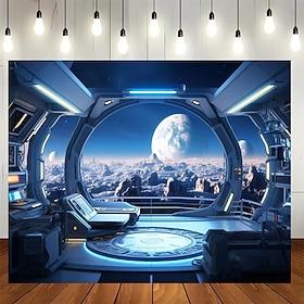 Vægtæppe med rumstationsvindue, sci-fi-galakse-planetlandskab, vægophæng til soveværelse, kollegieværelse, stueindretning