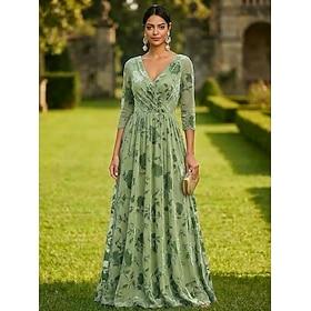 A-Line Dress Floor Length Party Dress Mother of the Bride Dress Long Sleeve V Neck Elegant Vintage Luxurious Formal Wedding Guest Family Gathering Burnout Chif