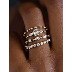 Women's 4-Piece Stackable Crystal Ring Set, Boho Gold/Silver Plated Alloy Rings, Elegant Statement Jewelry for Beach, Daily Party Wear