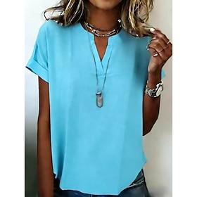 Women's Blouse Solid Color Stylish Casual Short Sleeve V Neck Regular Tops Casual Daily Blue White Navy Blue Green Summer Spring