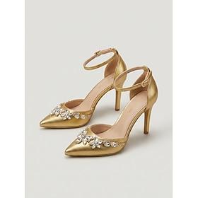 Women's Gold Pointed Toe High Heel Pumps - Elegant Rhinestone Dress Shoes for Cocktail Parties and Evening Events