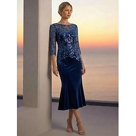 Sheath Column Dress Tea Length Cocktail Dress Mother of the Bride Dress 3/4 Length Sleeve Boat Neck Elegant Luxurious Sparkle Shine Formal Wedding Guest Semi