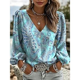 Women's Shirt Print Graphic Paisley Bohemia Vacation Vintage Long Sleeve Lantern Sleeve V Neck Regular Tops Casual Daily Going out Blue Purple Green Summer Spr