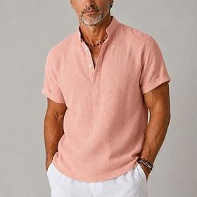 Men Linen Shirt Popover Shirt Band Collar Shirt - Casual Daily Black Pink Short Sleeve Henley Summer Clothing Apparel