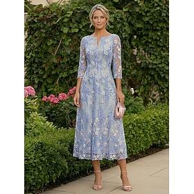 A-Line Dress Floor Length Tea Length Lace Dress Cocktail Dress Mother of the Bride Dress 3/4 Length Sleeve Crew Neck V Neck Elegant Simple Casual Formal Weddin