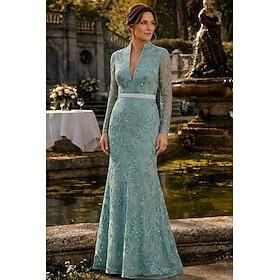 Mermaid Trumpet Floor Length Maxi Dress Mother of the Bride Dress Long Sleeve V Neck Elegant Luxurious Sparkle  Shine Formal Wedding Guest Semi Formal Lace wit