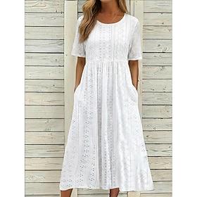 Women's Midi Dress White Dress Eyelet Dress Basic Classic Daily Vacation Regular Fit Plain Short Sleeve Crew Neck White Summer Spring