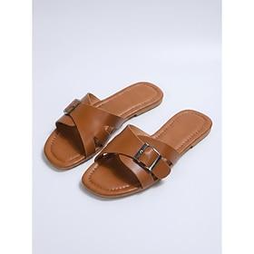 Women's Minimalist Tan Faux Leather Slides - Casual Flat Sandals with Gold Buckle Straw Detail for Beach Vacations, Island Resorts Summer Holiday Strolls