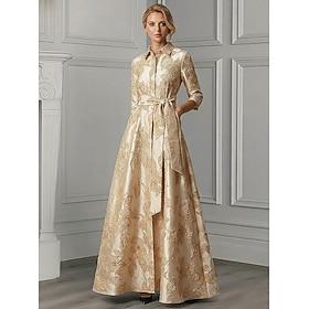 A-Line Floor Length Shirt Dress Formal Dresses Evening Gown Mother of the Bride Dress 3/4 Length Sleeve Shirt Collar Elegant Minimalist Formal Wedding Guest Se