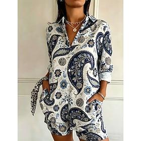 Women's Shirt Patchwork Buttons Graphic Geometric Paisley Stylish Classic Modern Long Sleeve Shirt Collar Regular Tops Casual Daily Holiday Blue White Summer S