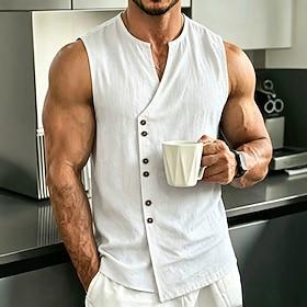 Men Shirt Linen Shirt Summer Shirt Gym Shirt Sleeveless Shirt Plain Casual Daily Blue Black White Khaki Sleeveless Mandarin Collar Summer Spring Clothing Appar