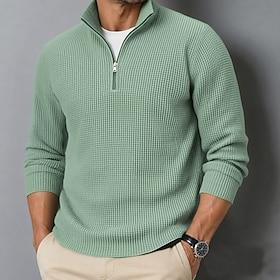 Men's Waffle Polo Shirts Textured Casual Outdoor Quarter Zip Long Sleeve Fashion Modern Solid Color Textured Knitted Fall  Winter Green Waffle Polo Shirts