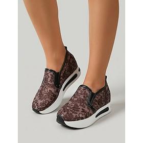 Women's Brown Floral Embroidered Mesh Wedge Sneakers - Slip-On Casual Shoes with Hidden Heel Platform, Lightweight Non-Slip Walking Shoes for Everyday Wear and