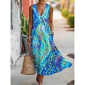 Women's Midi Dress A Line Dress Elegant Bohemia Beach Holiday Regular Fit Graphic Geometric Sleeveless V Neck Blue Purple Orange Green Summer Spring