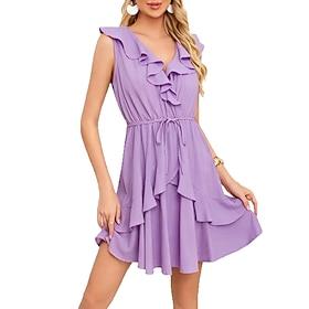 Women's Midi Dress Ruffle Dress Vacation Beach Regular Fit Solid Color Graphic Sleeveless V Neck claret Black White Pink Summer Spring
