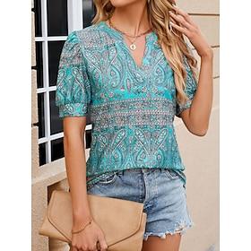 Women's Blouse Print Paisley Bohemia Vacation Vintage Short Sleeve V Neck Regular Tops Casual Daily Blue Black Orange Green Summer Spring