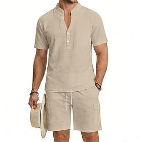 Herre 2 Dele Skjorte sæt Sommer sæt Og Shorts Sæt Vanlig Daglig Ferierejse Sport V-hals Kortærmet Sommer Forår Mode Afslappet Bekvem Tøj