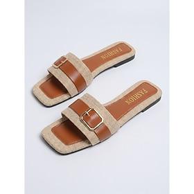 Women's Linen-Textured Slider Sandals - Casual Flat Beach Slides with Brown Leather Strap Gold Buckle for Island Vacations, Summer Resorts Daily Outdoor Leis