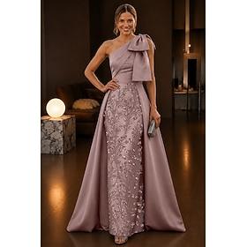 A-linje Gulvlang Aften Kjoler Formel påklædning Elegant Glitrende Blomster Uden ærmer Etskuldret Havefest Bryllup Satin Tyl med Sløjfe(r) Perlebroderet