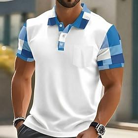 Men's Checkered Polo Shirts Short Sleeve Polo Shirts Collared Shirts Casual Outdoor Athleisure Daily Wear 3D Print Buttons Spring  Summer Blue Navy Blue Green