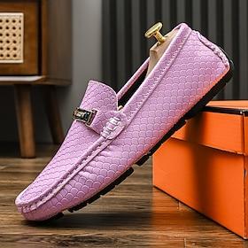 Men's Pink Snakeskin Print Slip-On Loafers Lightweight Statement Dress Shoes Fashion Gentleman Footwear for Parties, Banquets, Driving and Smart Casual Wear