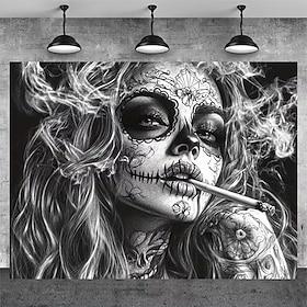 Gothic Sugar Skull Wall Tapestry, Day of The Dead Black and White Skull Portrait Wall Hanging for Bedroom Living Room Decor