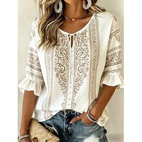 Women's Shirt Graphic Geometric Paisley Bohemia Vacation Vintage Long Sleeve V Neck Regular Tops Casual Daily Holiday Dark Blue Beige Summer Spring
