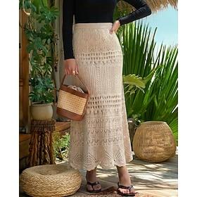 Dame Blonde nederdel Elegant Boheme Årgang Mode Midi Høj Talje Nederdele Blonder Uelastisk Ferierejse Sort Beige Sommer