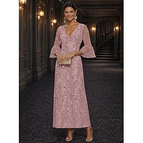 A-linje Kjoler Gulvlang Ankellængde Cocktail Kjole Kjole til brudens mor Langærmet V-hals Elegant Luksuriøs Glitrende Formel Bryllupsgæst Semi formel Blondeluk