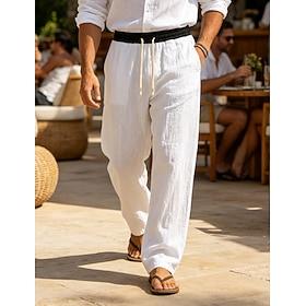 Men's Linen Pants Trousers Summer Pants Beach Pants Drawstring Pocket Elastic Waist Plain Comfort Breathable Daily Outdoor Beach Vacation Fashion Black White I