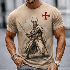 Men's Knights Templar Crusaders Cross T Shirt Short Sleeve T shirt 3D Print Crew Neck Shirt Religious Daily Street Holiday Brown Khaki All Seasons Clothing App