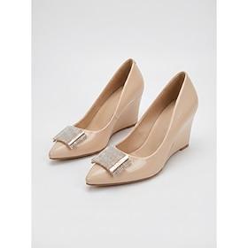 Women's Nude Wedge Pumps - Elegant Slip-On Heels for Garden Parties and Outdoor Events