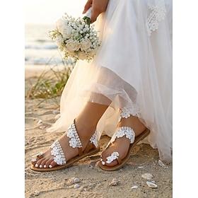 Women's White Lace Flat Sandals - Elegant Bridal Shoes for Beach Weddings, Brides and Wedding Guests