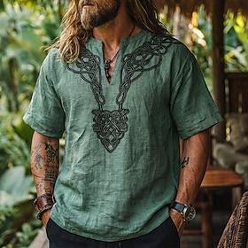 Men's Shirt Viking Style Summer Shirt Beach Shirt Solid Color Casual Daily Blue Black White Pink Short Sleeve V Neck Summer Spring Clothing Apparel