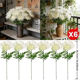 6Pcs Artificial Pincushion Chrysanthemums, Highly Realistic Faux Chrysanthemum Flowers with Fluffy Needle-like Petals, Perfect for Vase Arrangement Farmhouse O