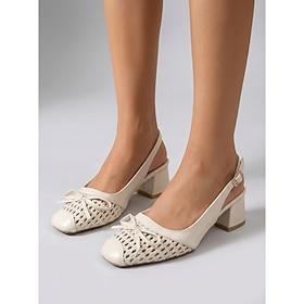 Women's Cream Beige Woven Pumps - Elegant Square Toe Block Heel Sandals with Bow Detail  Slingback Strap for Daily Office, Casual Outings  Spring Fashion