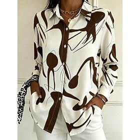 Women's Shirt Patchwork Buttons Graphic Geometric Vintage Modern Casual Long Sleeve Shirt Collar Long Tops Casual Daily Holiday White Brown Summer Spring