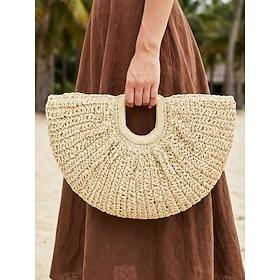 Women's Bohemian Woven Half Moon Tote Bag, Multi Color Large Capacity Zipper Statement Handbag for Beach Vacation, Travel, Daily Casual Wear