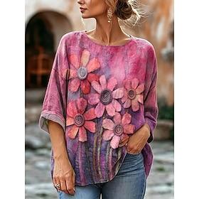 Women's Blouse Print Floral Graphic Vintage Stylish Casual 3/4 Length Sleeve Crew Neck Regular Tops Casual Daily Vacation Wear Yellow Purple Summer Spring
