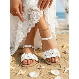 Women's White Floral Flat Sandals - Comfortable Bridal Shoes for Beach Weddings, Brides and Wedding Guests