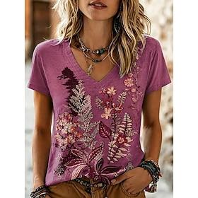 Women's T Shirt Print Floral Graphic Tribal Stylish Classic Casual Short Sleeve V Neck Regular Tops Casual Daily Red Summer Spring