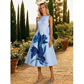 A-linje Te-længde Derbykjole Cocktailkjoler Elegant Uden ærmer Bateau-hals Formel Kentucky Derby Satin Rygløs med Blomsterprint Sløjfe(r)