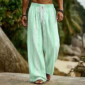 Men's Geometric Striped Bohemian Trousers Pants Trousers Baggy Pants Mid Waist Ethnic Outdoor Vacation Dailywear Drawstring Elastic Waist Wide Leg Summer Sprin