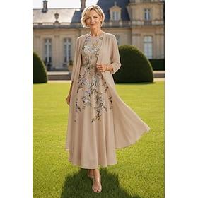Two Piece A-Line Ankle Length Wedding Guest Dress Mother of the Bride Dress Sleeveless 3/4 Length Sleeve Crew Neck Elegant Simple Luxurious Formal Wedding Gues