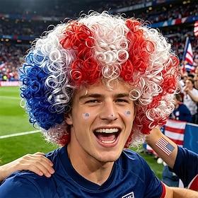 Colored Afro Wig for Men Women 2026 World Soccer Championship Cup, Blue White Red Afro Wigs Soccer Fans Cheer Hair Piece Funny Crazy Fluffy Hair with Accessori