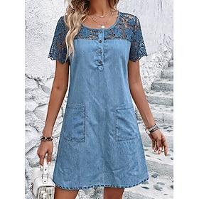 Women's Mini Dress Lace Dress Denim Dress Casual Dress Summer Dress Vintage Fashion Daily Holiday Regular Fit Plain Short Sleeve Crew Neck Blue Summer Spring