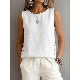 Women's Tank Top Blouse Tee Top Buttons Solid Color Stylish Modern Sleeveless Crew Neck Regular Tops Casual Daily Summer White Yellow Pink Camel Green Summer S